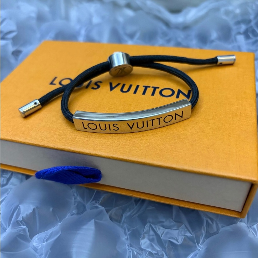 Louis Vuitton Black Cord Silver-Tone Signature Bar Bracelet